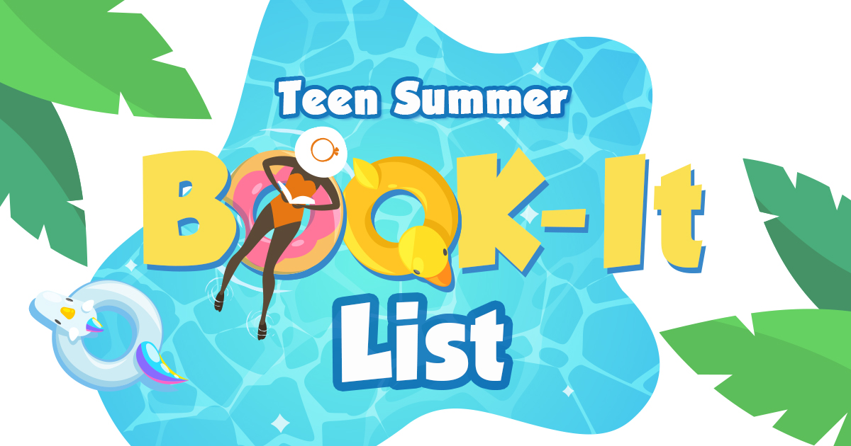 An illustration of a person reading in a pool. Text reads Summer Book-it List.