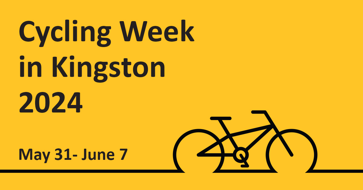 A bicycle line drawing against a yellow background with text reading Cycling Week in Kingston 2024 May 31-June 7.