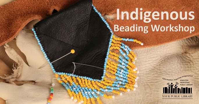 A small pouch beaded in yellow and blue on a hide background. Text reads Indigenous beading workshop.