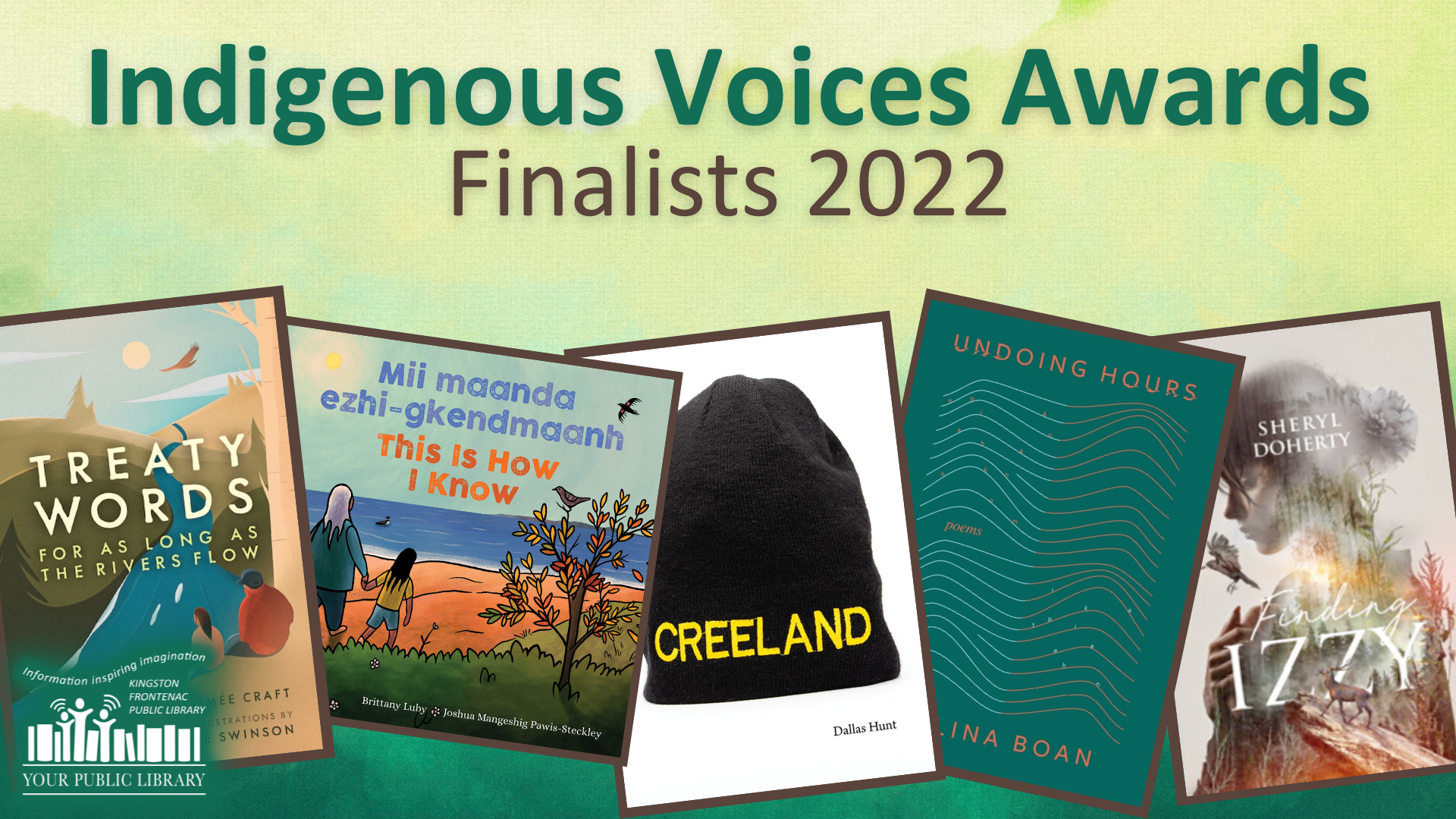 A variety of books with text reading Indigenous Voices Awards Finalists 2022