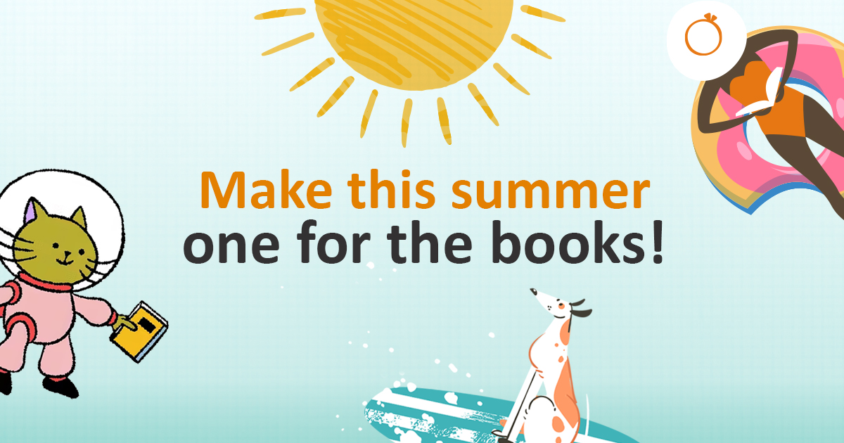 An illustrated dog, person on a pool float, and a cat astronaut. Text reads "Make this summer one for the books!"