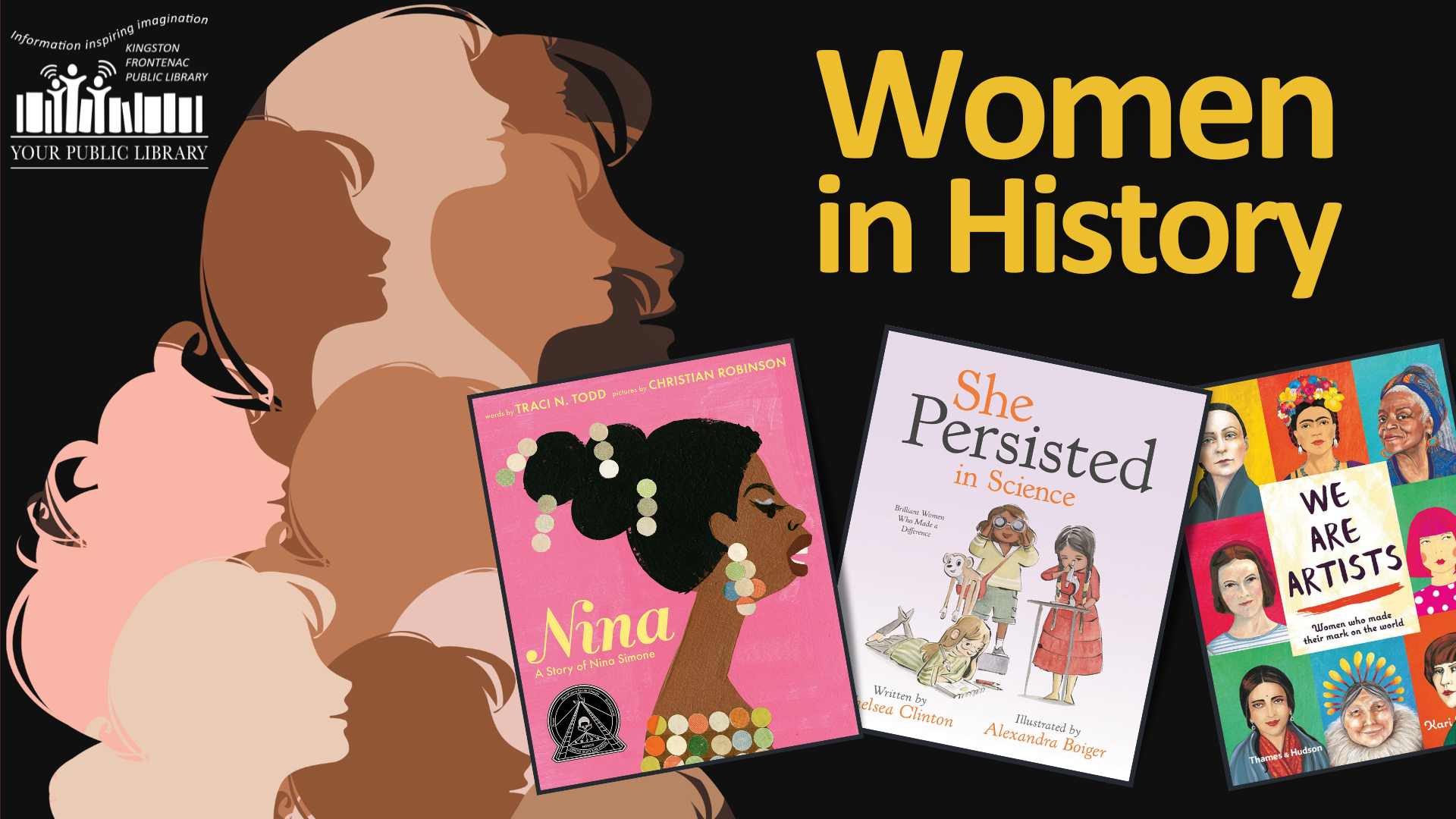 A collage of books with text reading Women in History. There is a figure of a woman made of several smaller figures of women.